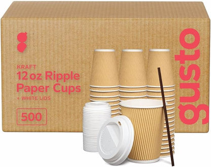 GUSTO [12 oz. - 500 Count Insulated Kraft Ripple Paper Hot Cups, Disposable by GUSTO