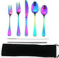 JASHII Modern Royal 5 Pcs Matte Rainbow 18/10 Stainless Steel Utensils Cutlery Dinnerware Set w/Drinking Straw, Knife Fork and Spoon Flatware Set for Wedding Festival Christmas Party Service for 1