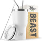 BEAST Insulated Coffee Mug – 900 ml I Arctic White I Stainless Steel I Reusable, Insulated Cups I 2 Straws and Cleaning Brush, Double Walled Travel Coffee Thermos I Hot or Iced Coffee
