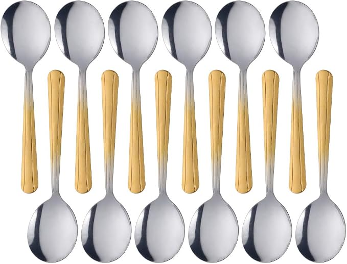 Bouillon Spoons Set of 12, 5.9 Inch Stainless Steel Soup Spoon, Metal Round by KitchenDining