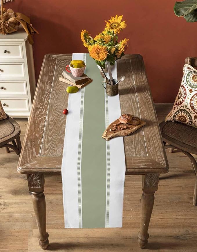 Sage Green Stripe Table Runners 72 inches Long, Linen Boho Table Runner - Image 5