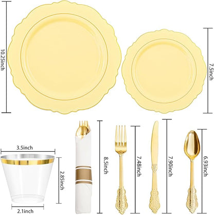 Liacere 350PCS Yellow Plates - Yellow Disposable Plastic Plates With Gold Rim-50Guest Plastic Dinnerware include 100 Plates,50 Pack Pre Rolled Napkins with Silverware 50Cups for Wedding＆Easter Day