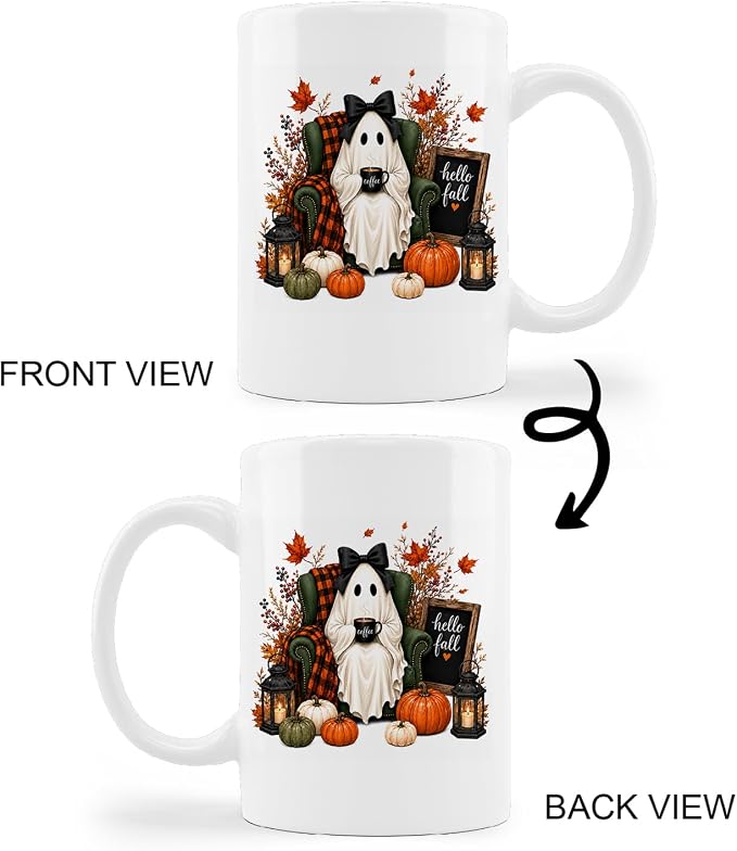 kunlisa Fall Halloween Ghost Pumpkin Mug Cup 11oz | Coquette Bow Ghost Fall - Image 4