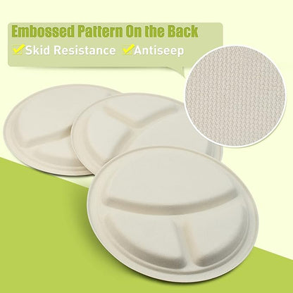 Green Earth, 10-Inch, 500-Count, 3-Compartment Compostable Plates, Natural Bamboo Fibers, Everyday Tableware - Biodegradable - Disposable Round Shape