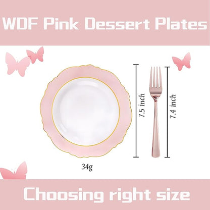 WDF 60pcs Pink Dessert Plates - 7.5inch Baroque Pink &White Disposable Dessert/Appetizer Small Cute Cake Plates for Upscale Parties &Wedding-Special for Baby Shower, Brithday, Valentine's Day