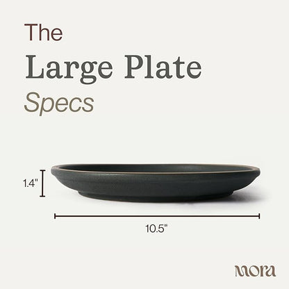 MORA Large Plates Set of 4, 10.5 inch Ceramic Pottery Dinner Plates - Microwave, Oven and Dishwasher Safe - Liquorice