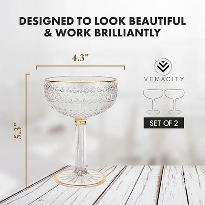VEMACITY - Embossed Espresso Martini Glasses Set of 2 (10oz) - Gold Rim Coupe Glasses for Cocktails, Champagne & Margaritas - Vintage Art Deco Design | Ideal for Martinis and Margaritas