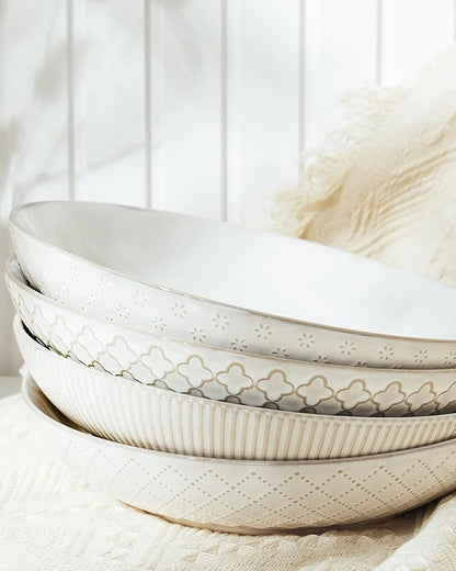 getstar Pasta Bowls, Large Salad Serving Bowls (9.2 inch/42 oz), Ceramic Bowl Plates Set of 4, Farmhouse Embossments, Microwave and Dishwasher Safe