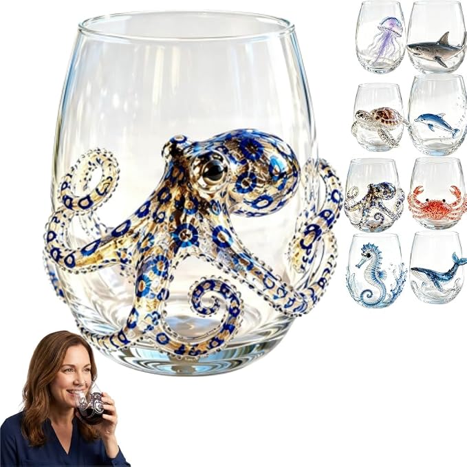 Artisanal Blue Ringed Octopus Glassware, 3D Ocean Glass Wine Glass，Squid | by Unknown