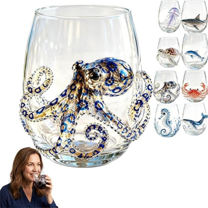 Artisanal Blue Ringed Octopus Glassware, 3D Ocean Glass Wine Glass，Squid | by Unknown