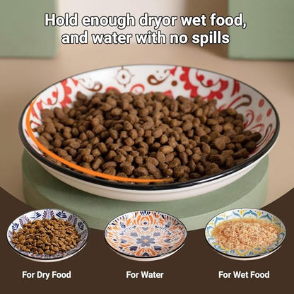 Non-Slip Cat Bowls, Ceramic Wide Pet Food Bowl Set for Relief Whisker Fatigue, 6 Pack Colorful Kitten Feeding Dishes Plates with Anti-Slip Silicone Base-Microwave and Dishwasher Safe, 8.5 oz