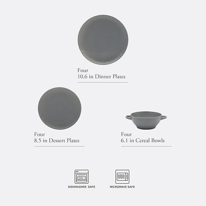 Gibson Elite Clover Hill 12-Piece Stoneware Dinnerware Set – Dark Blue Embossed Plates and Bowls with Matte Speckled Reactive Glaze, Service for 4 – Microwave & Dishwasher Safe