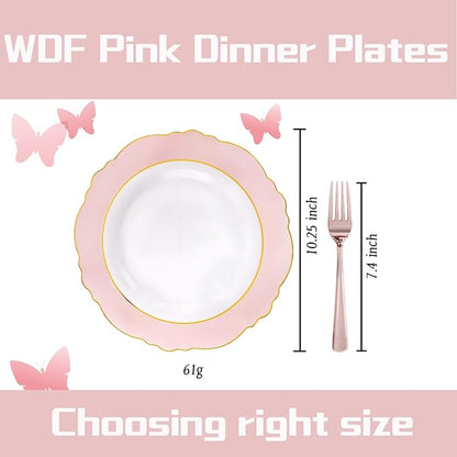 WDF 60pcs Pink Plastic Plates - 10.25inch Baroque Pink And Gold Disposable Dinner Plates for Upscale Parties -Special for Valentine's Party, Wedding, Birthdays