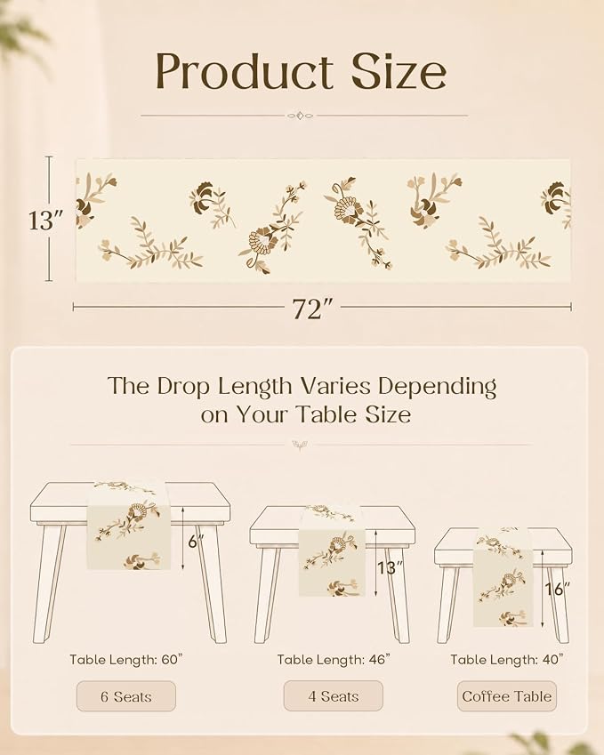 Embroidered Canvas 13"x 72" Narrow Table Runner, Dried Flower | Exquisite - Image 4