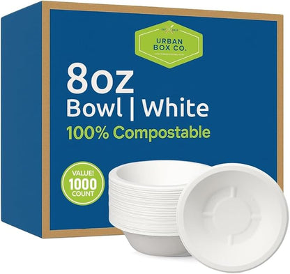 8oz Compostable Paper Bowls, Heavy-Duty Eco-Friendly Bagasse Bowl, Biodegradable & Heat-Resistant for Hot & Cold Foods, Soups, Dessert, Salads, Ice Cream, Pasta, Snacks, 1000 Pack
