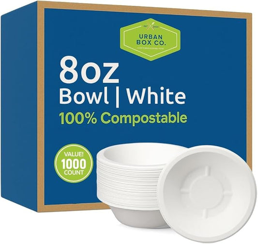 8oz Compostable Paper Bowls, Heavy-Duty Eco-Friendly Bagasse Bowl, Biodegradable & Heat-Resistant for Hot & Cold Foods, Soups, Dessert, Salads, Ice Cream, Pasta, Snacks, 1000 Pack
