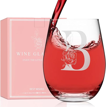 Valentines Day Gifts for Her, Gifts for Women Her Friend Mom Grandma Wife Sister Bridesmaid Nurse, Birthday Galentines Mothers Day Christmas, Personalized Initial Customized Wine Glasses 18OZ(B)
