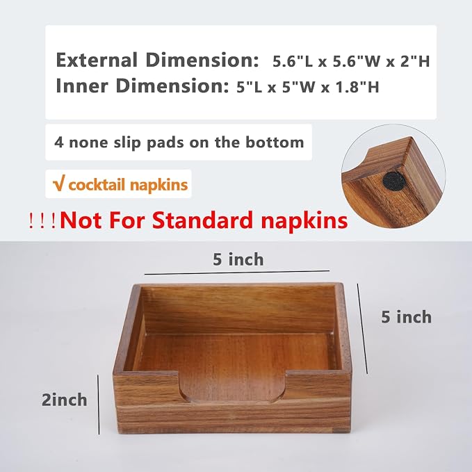 Acacia Cocktail Napkin Holder for Table, Wooden Napkin Holder, Flat Square - Image 5