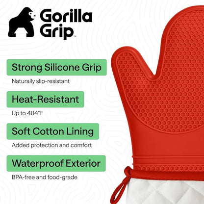 GORILLA GRIP BPA-Free Soft Silicone Oven Mitts, 14.5x8.3, Heat Resistant and Waterproof Cooking Gloves, Thick Cotton Lining, Flexible Gripping for Baking Grilling, Kitchen Potholders Set of 2, Coral