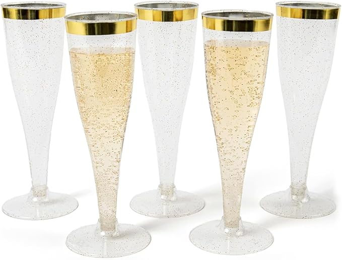 Prestee Set of 24 Plastic Champagne Flutes with Gold Rim - 4.5 oz - Shatterproof Disposable Glasses for Weddings, Cocktail Parties, and Outdoor Celebrations