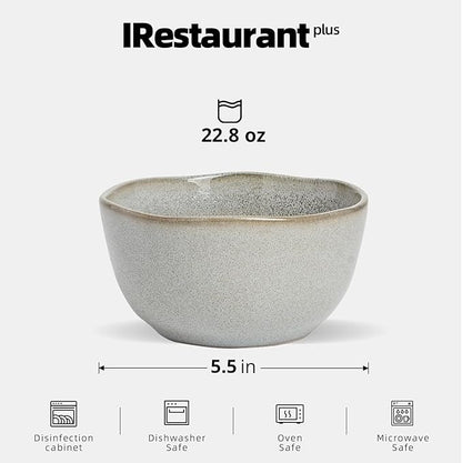 Organic Shape Highland Ceramic Cereal Bowl, 24pcs 5.5 Inch Handmade Reactive Glaze Stoneware Rice bowl with Wavy Edge, for Kitchen, Microwave & Dishwasher Safe, Scratch Resistant-grey