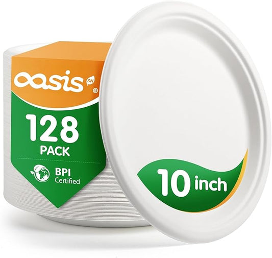10 Inch 128 Pack Compostable Disposable Paper Plates, Large Round Dinner Plates, Heavy Duty Sugarcane Bagasse, Biodegradable Eco-Friendly for Parties & Daily Use, White