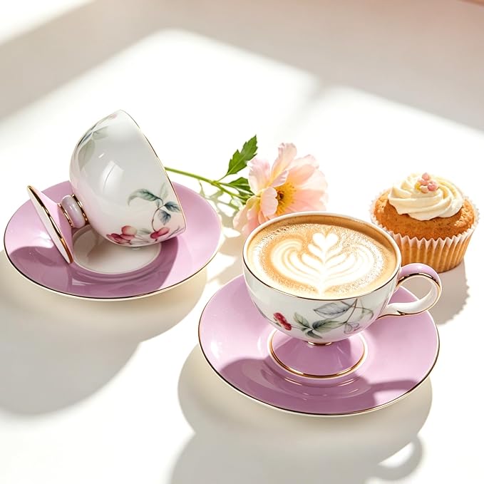 KAMMAK Tea Cups Set of 2, Ceramic Floral Pattern Demitasse Cup | Porcelain - Image 6