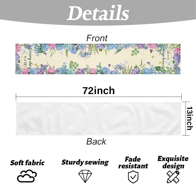 Every Day is A Gift Dragonfly Hydrangea Spring Table Runner 13x72 Inch | - Image 6