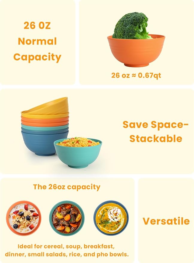 Plastic Bowls Alternative, Unbreakable Wheat Straw Cereal Bowls 8 PCS - Image 4