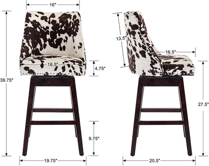 Counter Height Bar Stools Set of 4 Swivel Velvet Kitchen Stool Chairs with Back Mid Century Modern Barstool with Distressed Wood Legs for Dining Bar, Cow