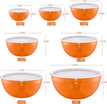 Orange Mixing Bowls with Airtight Lids, Stainless Steel Nesting Mixing Bowls Set of 7, Ideal for Baking, Prepping and Serving Food, Size 7, 3.6, 2.7, 2.1, 1.5, 1.1,0.8 QT, Stackable Design