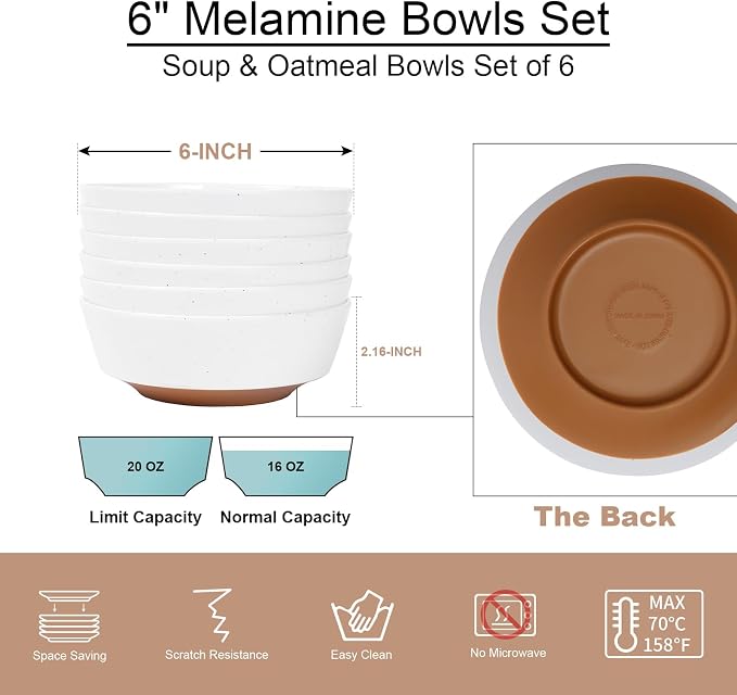 Webbylee 6-inch Melamine Bowls set of 6-20-ounce Dinnerware Cereal Bowls - Image 2