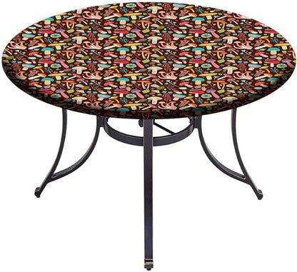 Small Round Tablecloth, Mushrooms Washable Polyester Table Cloth for, Attractive Various Cartoon Leaves and Mushrooms Graphic, Fit Round Tables 61inch, for Holiday Dining Table, Dinner, Party