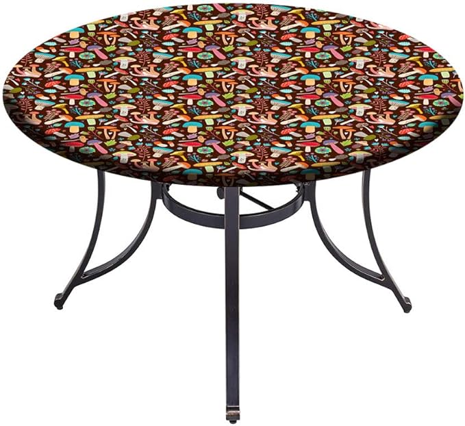 Round Edge Closing Tablecloth, Mushrooms Elastic Edged Tablecloth, Attractive Various Cartoon Leaves and Mushrooms Graphic, Fit Round Tables 28inch Diameter, for Indoor Outdoor Fits, Brown