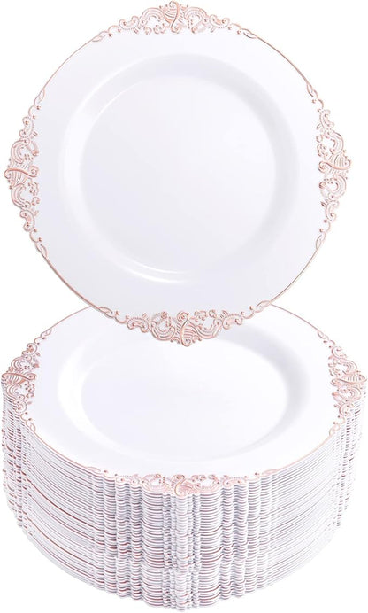 Morejoy 100pcs Plastic Plates - Disposable - 7.5 inch White and Rose Gold Dessert Plates for Weddings & Parties & Shower