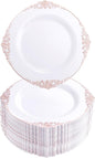 Morejoy 100pcs Plastic Plates - Disposable - 7.5 inch White and Rose Gold Dessert Plates for Weddings & Parties & Shower