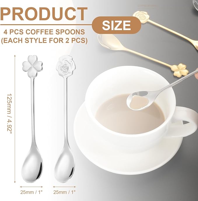 PATIKIL 4pcs Coffee Spoons, Rose/Four Leaf Grass Tea Spoons 304 Stainless Steel - Image 2