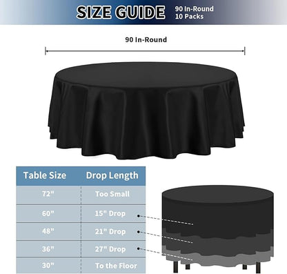 PureFit 10 Pack Round Black Table Cloths 90 Inch for Round Tables, Stain and Wrinkle Resistant Table Linens for Home Use, Wedding, Party, Banquet and Camping