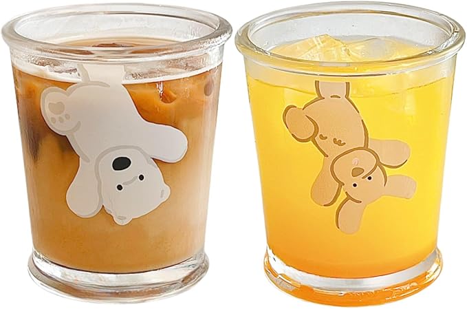 2 Pack 12 OZ Cute Dog Glass Cup Bear Drinking Glasses | Thick Sturdy by yaocoral