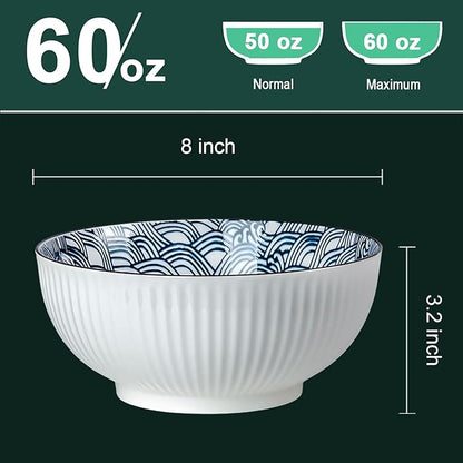 QINLANG Large Soup Bowls, Pho & Ramen Set of 3, 60 oz Blue & White Porcelain - Wave Pattern