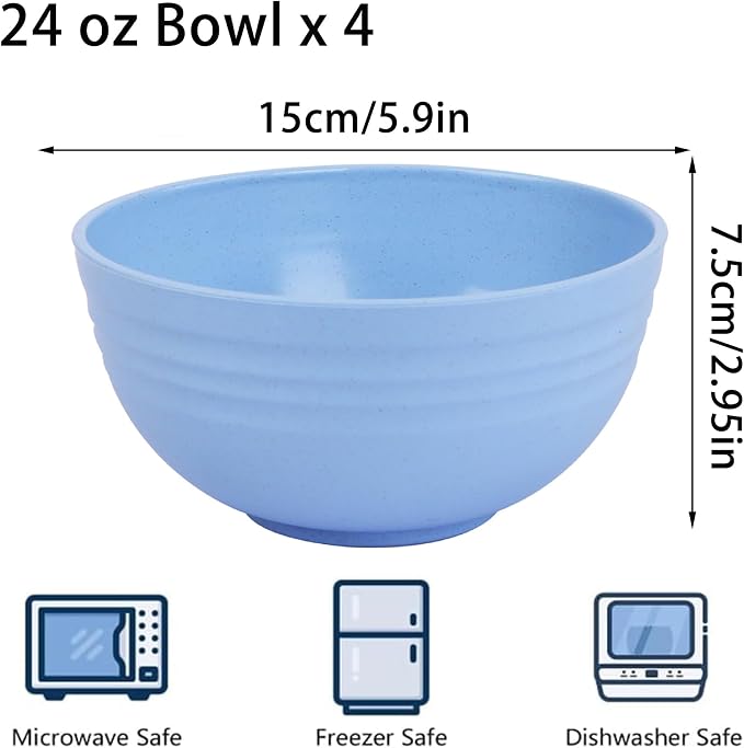 Unbreakable Wheat Straw Cereal Bowls Set of 4, 24 OZ Microwave and Dishwasher - Image 2