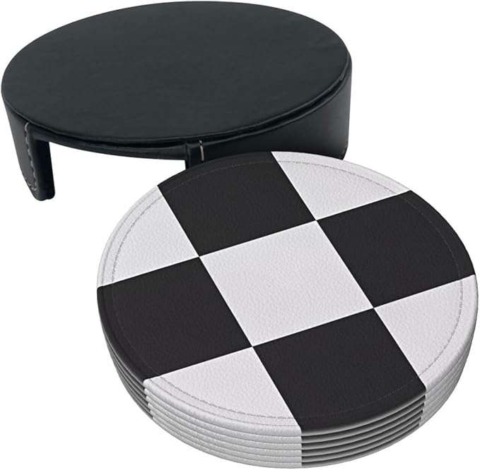 6 Pcs Black and White Checker Leather Coasters - Image 3