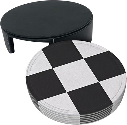 6 Pcs Black and White Checker Leather Coasters - Image 3
