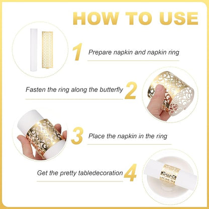 uxcell 100Pcs Napkin Rings Laser Cut Foil Paper, Napkin Holder Hollow Napkin Bands for Weddings Party Serviette Table Decoration Restaurant (One-Sided Reflective Gold Tone, 5.3 x 1.6)