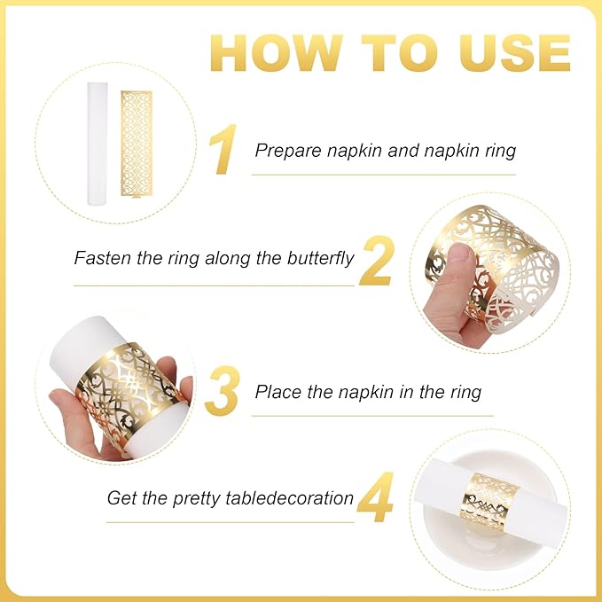 uxcell 100Pcs Napkin Rings Laser Cut Foil Paper, Napkin Holder Hollow Napkin Bands for Weddings Party Serviette Table Decoration Restaurant (Beige, 5.3 x 1.6)