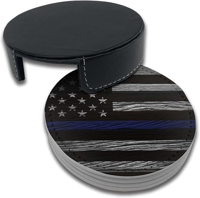 Thin Blue Line Leather Drinks Coasters - Image 3