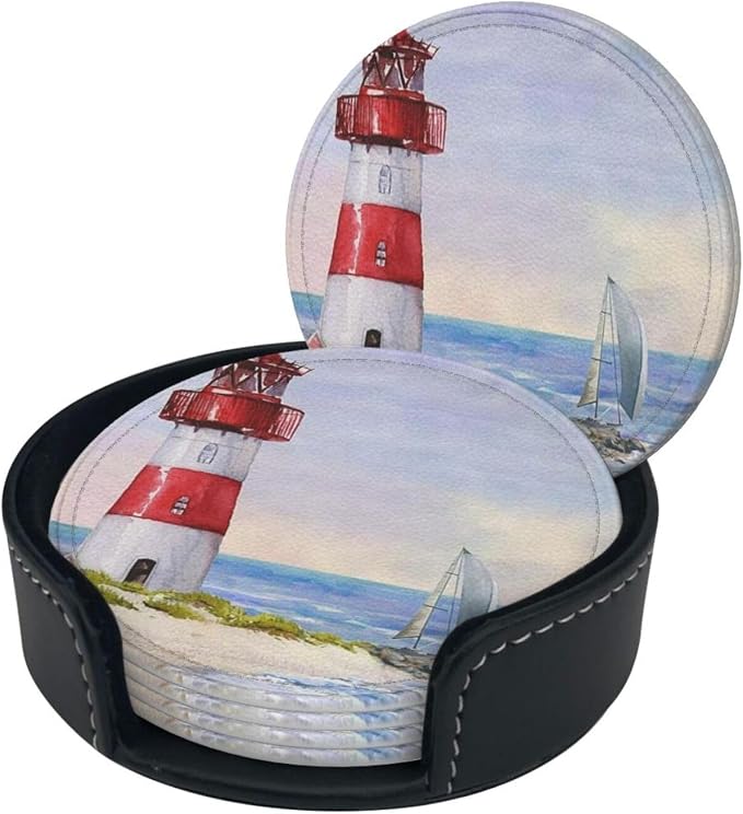 6 Pcs Coastal Lighthouse Leather Coasters - Image 3