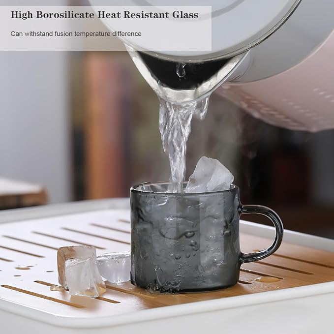 Kung Fu 6 Pcs Small Glass Tea Cup + Holder Set in Smoky Gray, Bamboo Wood - Image 4