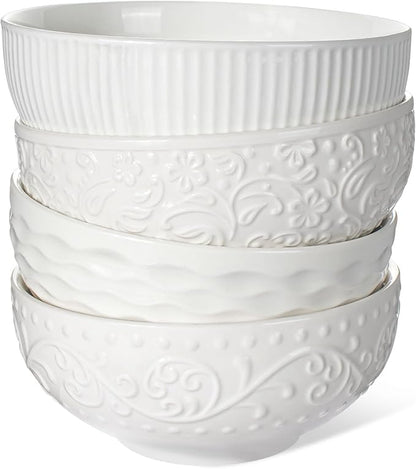 Artena Ceramic Cereal Bowls 26 oz, Embossment Soup Bowls Set of 4, White Salad Bowl for Kitchen, Dinner, Breakfast, Oatmeal, Rice, Pasta, Dishwasher Microwave Safe, 6 inch (Multiple Patterns)
