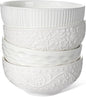 Artena Ceramic Cereal Bowls 26 oz, Embossment Soup Bowls Set of 4, White Salad Bowl for Kitchen, Dinner, Breakfast, Oatmeal, Rice, Pasta, Dishwasher Microwave Safe, 6 inch (Multiple Patterns)